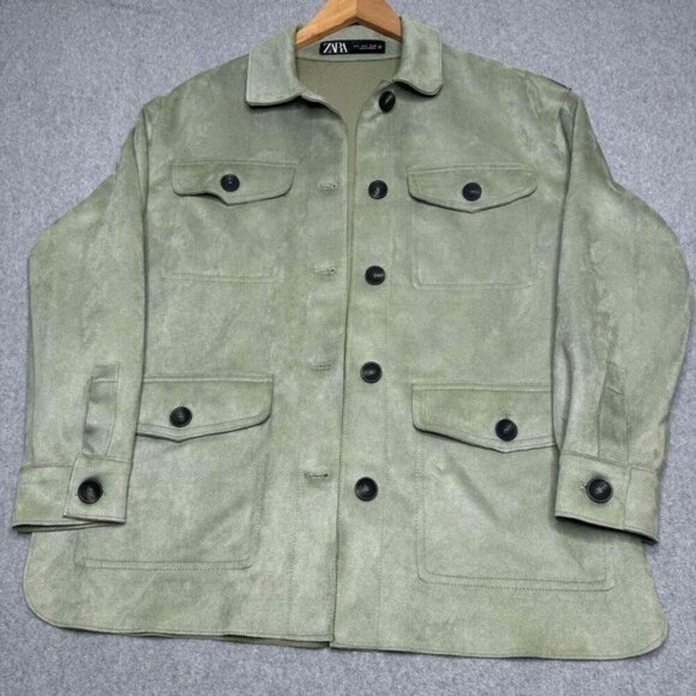 Zara Olive Green Faux Soft Suede Button-Up Utility Jacket